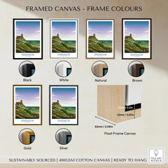 Framed Dartmoor landscape canvas art print with six frame color options including black, white, natural, brown, gold, and silver.