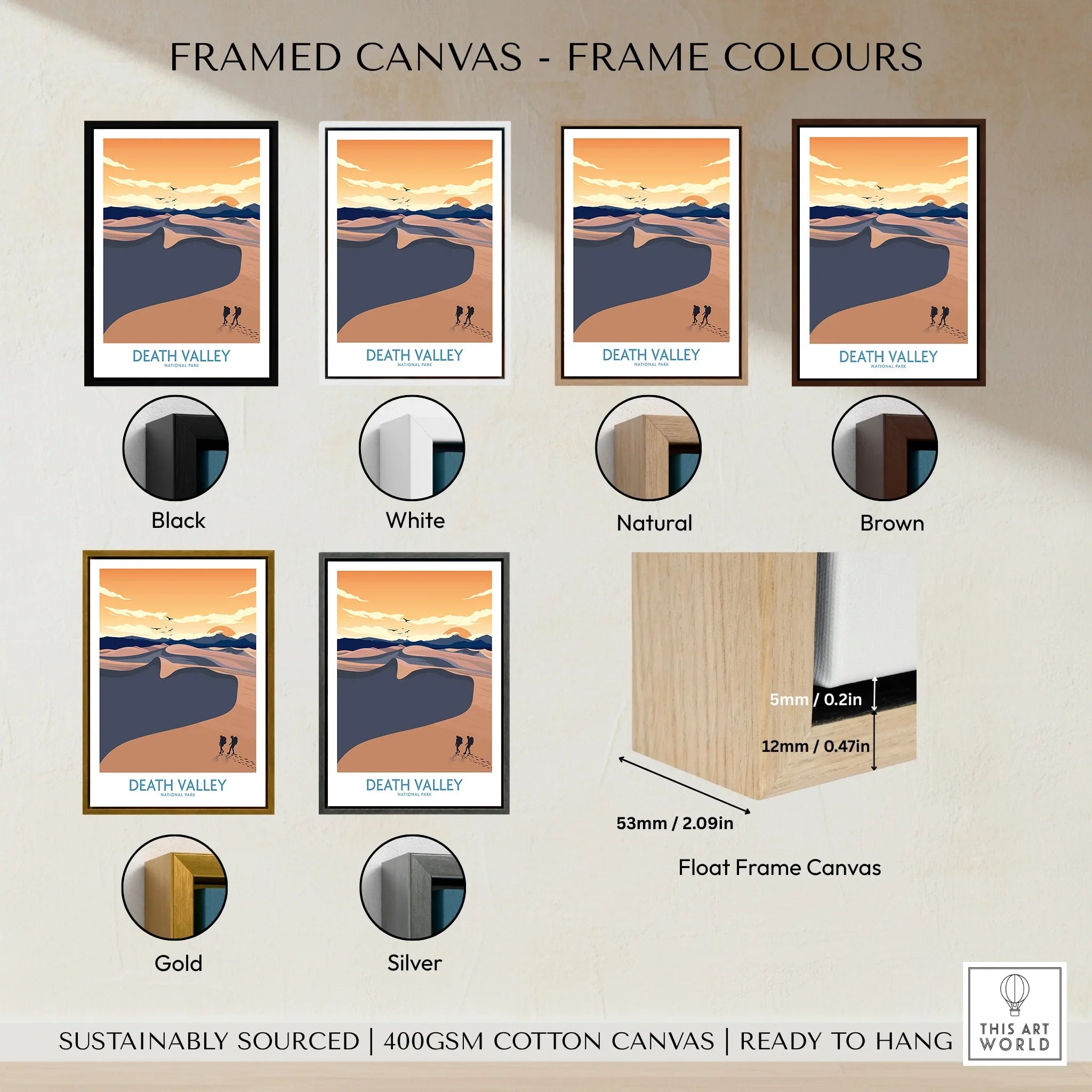 Death Valley National Park art print framed canvas in black, white, natural, brown, gold, and silver color frame options, travel poster wall art display.