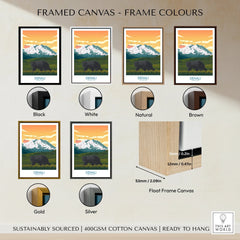 Denali National Park travel poster framed wall art, canvas frame color options displayed