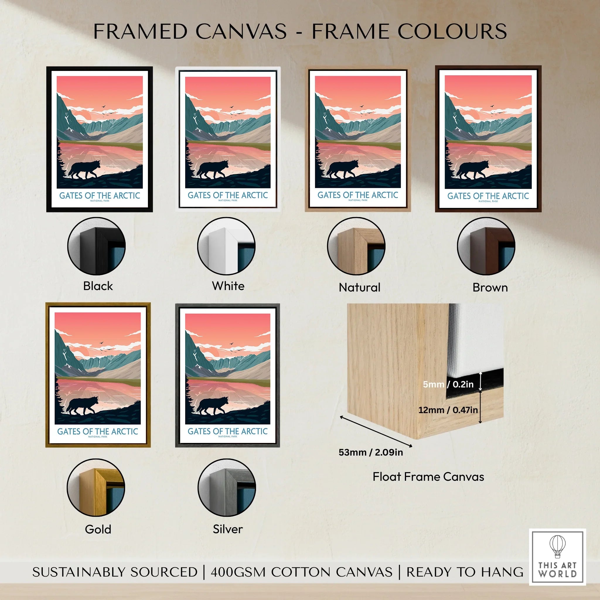 Gates of the Arctic travel poster wall art with six frame color options, canvas float frame detail