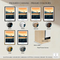 Framed Glacier National Park canvas art with black, white, natural, brown, gold, and silver frame color options, float frame detail, mountain sunset design.