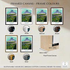 Framed Glacier National Park canvas print in six frame color options: black, white, natural, brown, gold, and silver, shown with float frame detail.