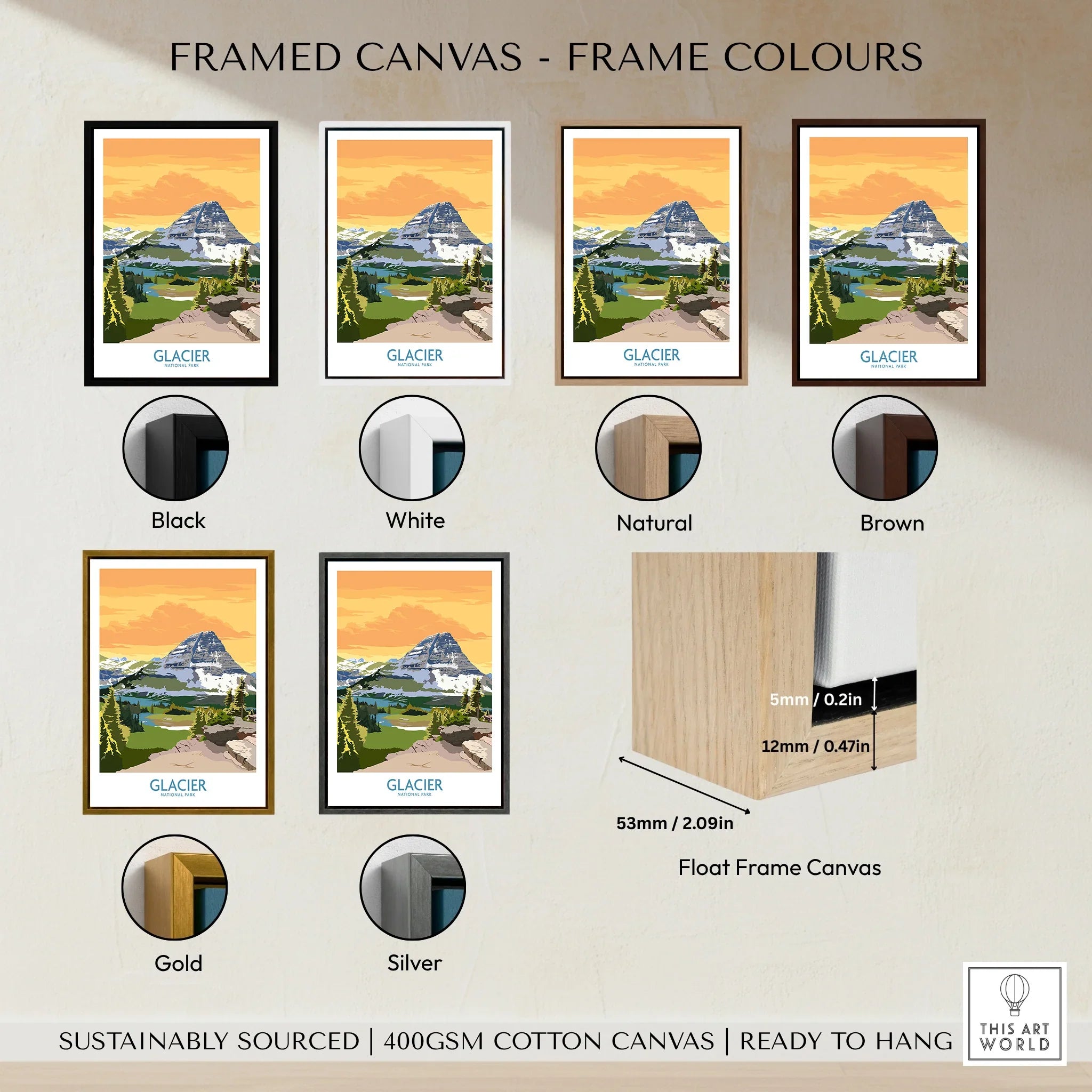 Glacier National Park wall art print with six frame color options: black, white, natural, brown, gold, silver, and canvas float frame detail.