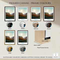 Framed Glencoe travel art canvas in black, white, natural, brown, gold, silver frames.