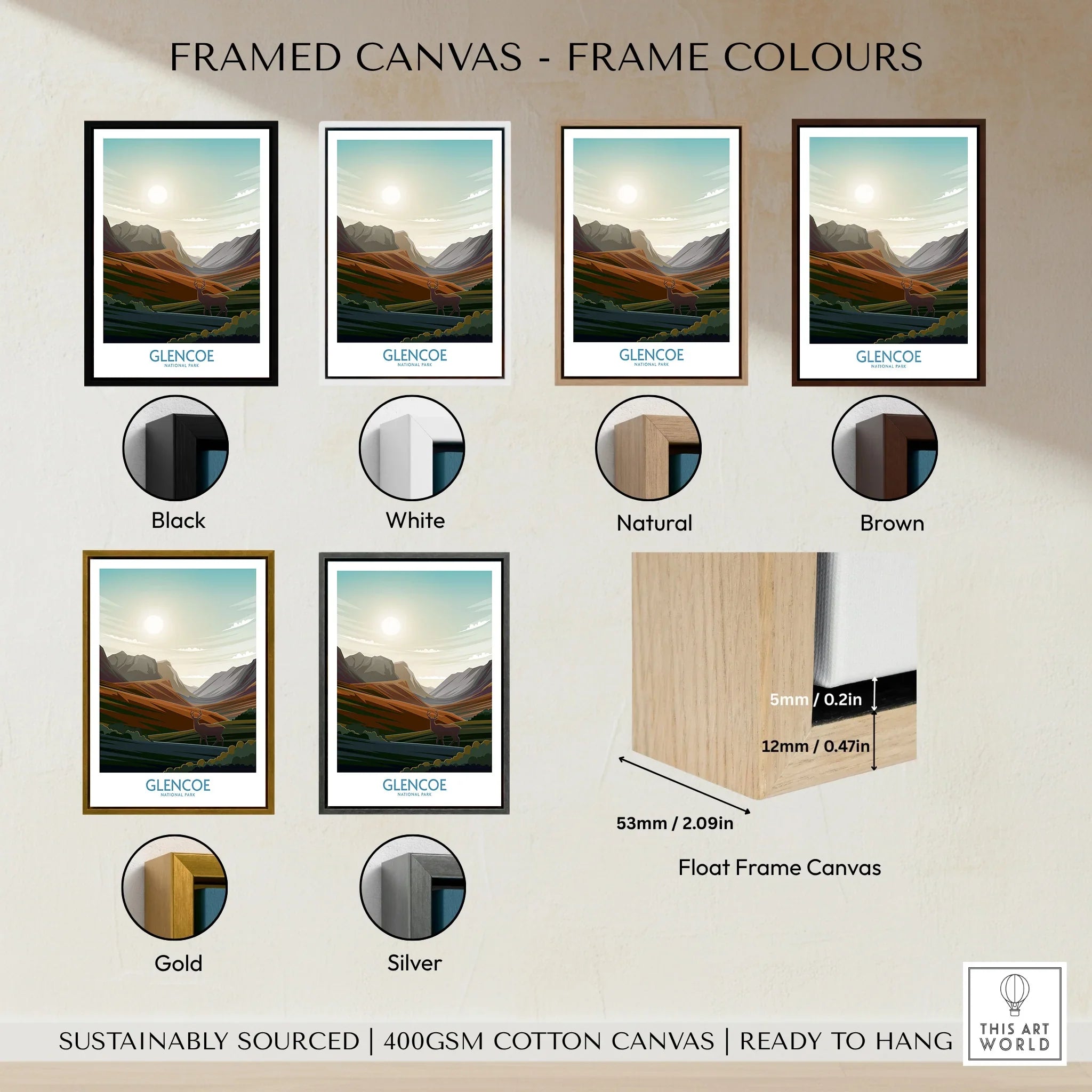 Framed Glencoe travel art canvas in black, white, natural, brown, gold, silver frames.