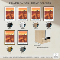 Grand Canyon travel poster on framed canvas with six frame color options and float frame details