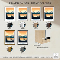 Grand Teton National Park travel poster framed canvas, six frame color options shown.