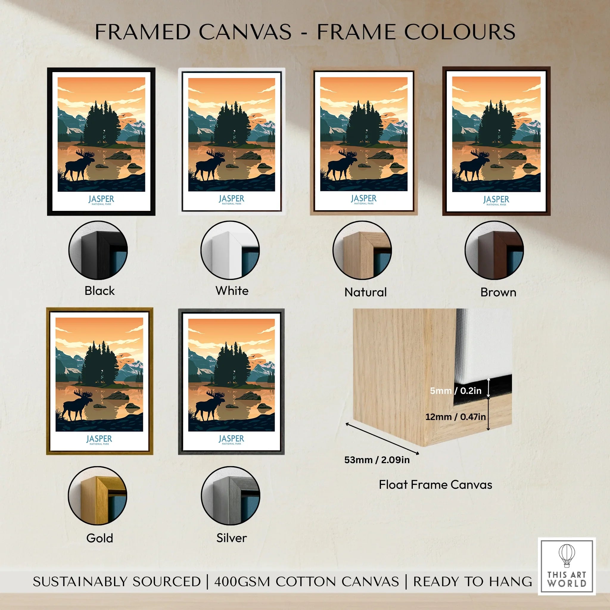 Jasper National Park art print with options for black, white, natural, brown, gold, or silver float frame.