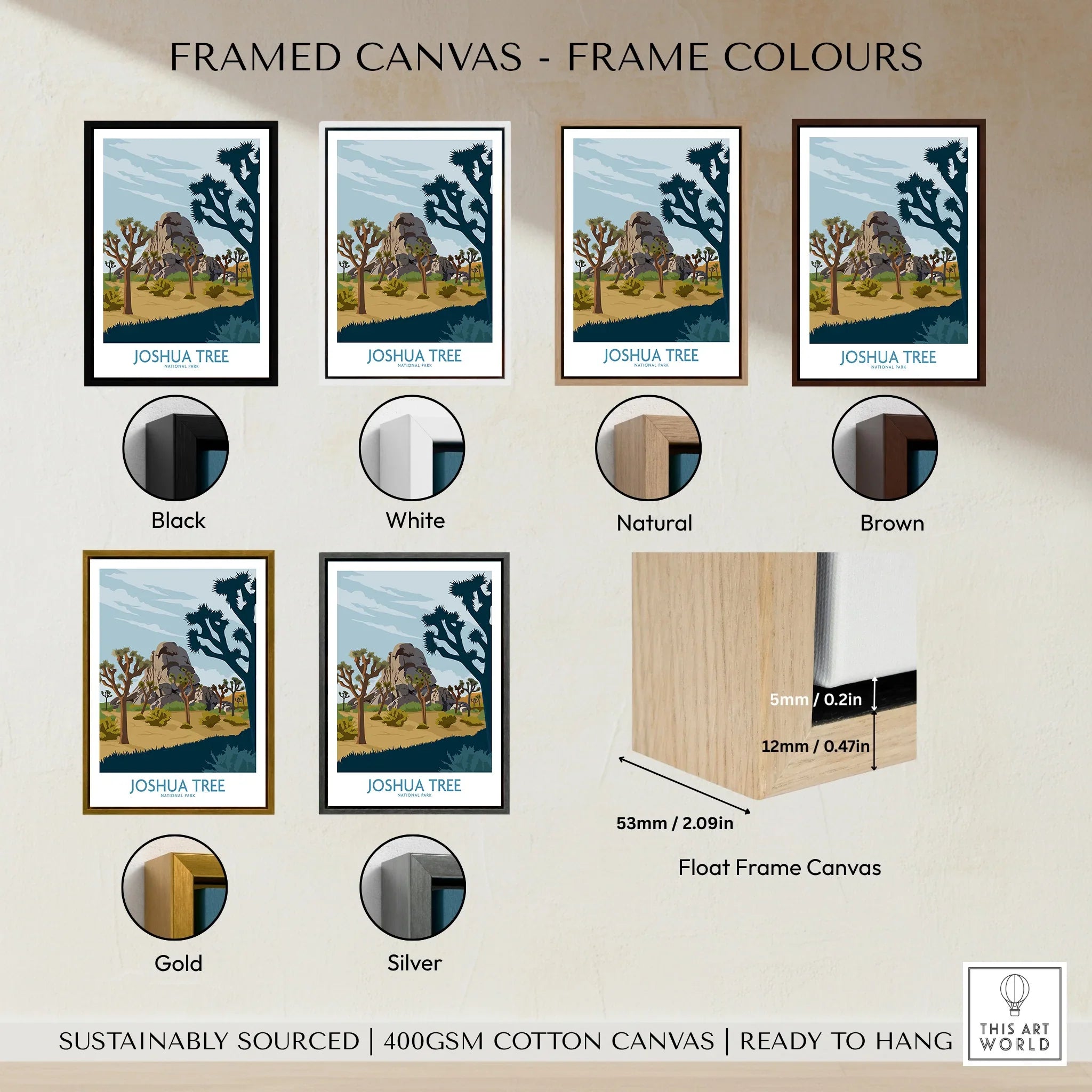 Joshua Tree art print framed canvas with black, white, natural, brown, gold, silver frame options