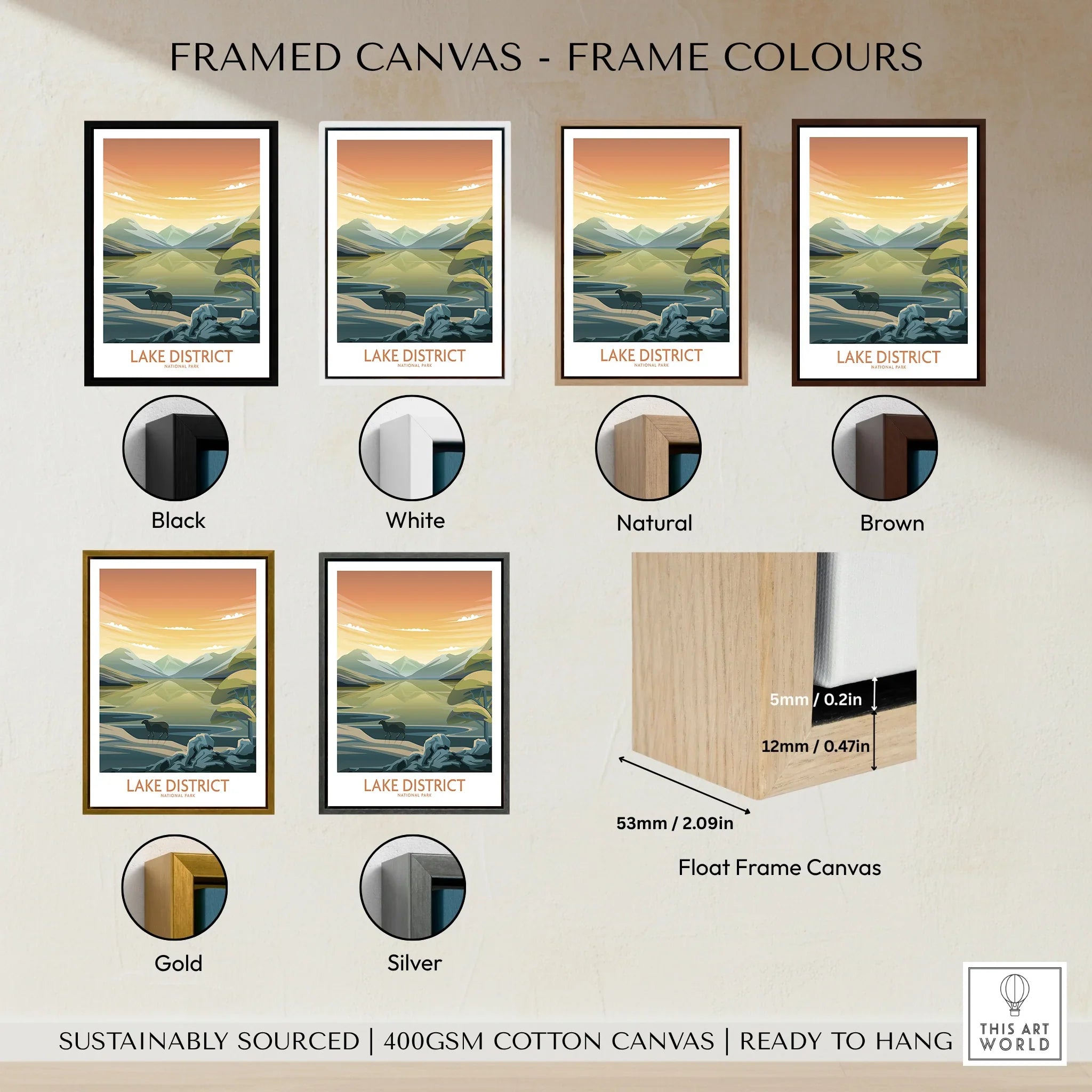 Lake District travel poster wall art in multiple frame color options including black, white, natural, brown, gold, and silver float frames.