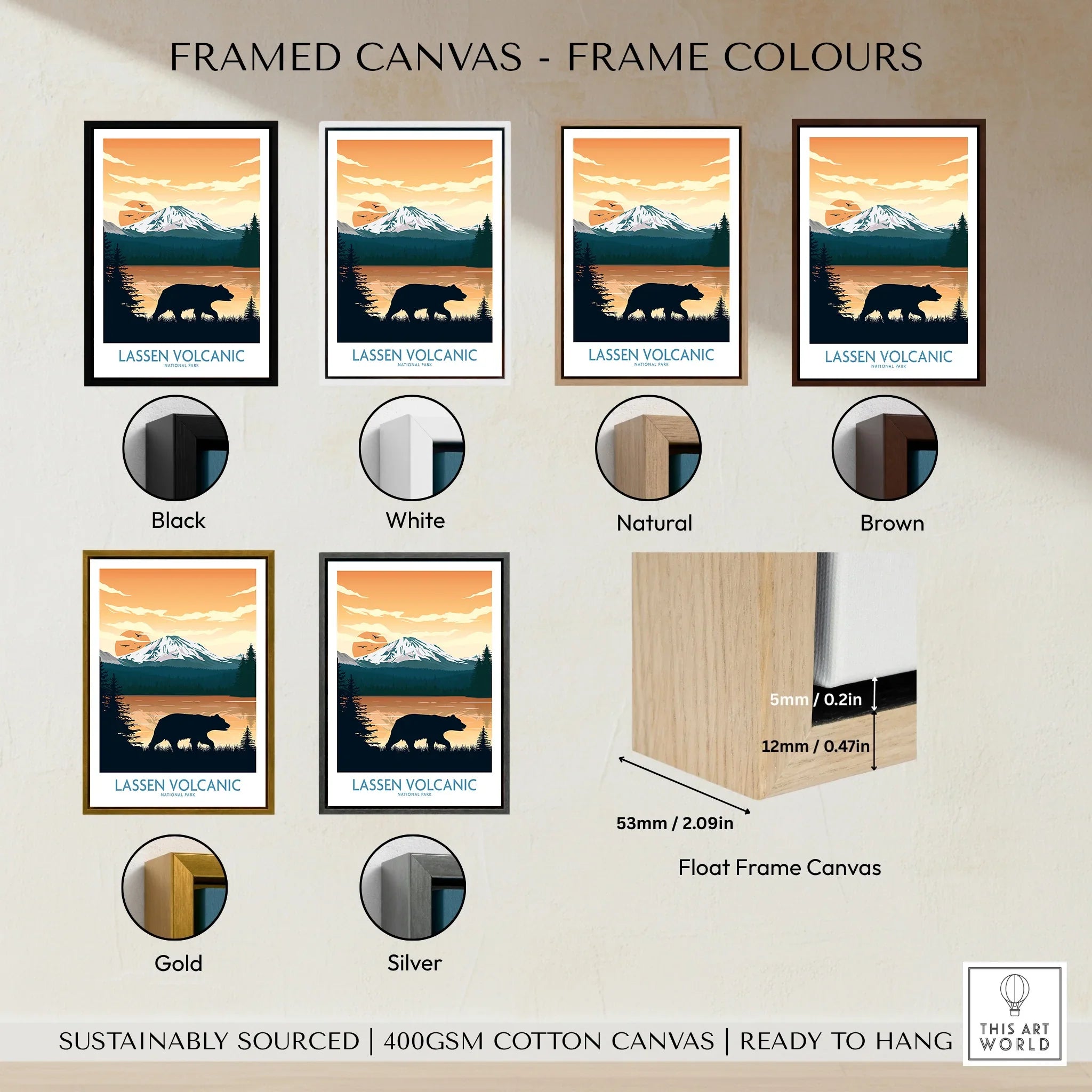 Framed Lassen Volcanic National Park canvas art print in six frame color options: black, white, natural, brown, gold, silver.