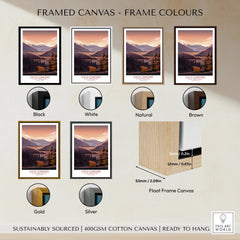 Framed Loch Lomond travel poster art print with six frame color options: black, white, natural, brown, gold, silver.