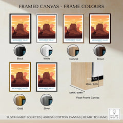 Monument Valley travel art print on canvas with six frame color options: black, white, natural, brown, gold, silver, and float frame style.