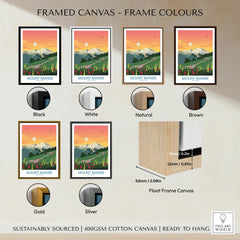 Mount Rainier national park travel poster in various framed canvas color options, including black, white, natural, brown, gold, and silver float frames.