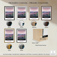 Framed canvas print of New Forest landscape with six frame colour options: black, white, natural, brown, gold, silver.