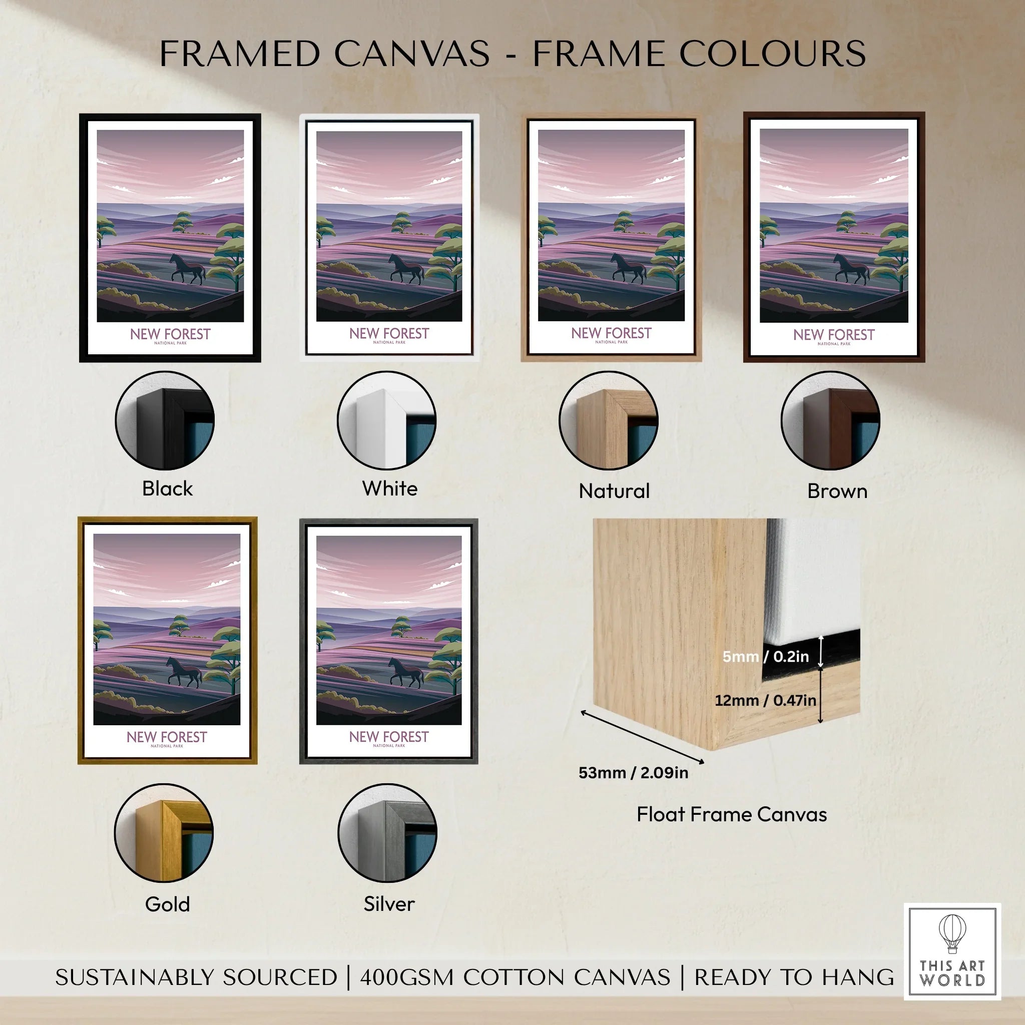 Framed canvas print of New Forest landscape with six frame colour options: black, white, natural, brown, gold, silver.