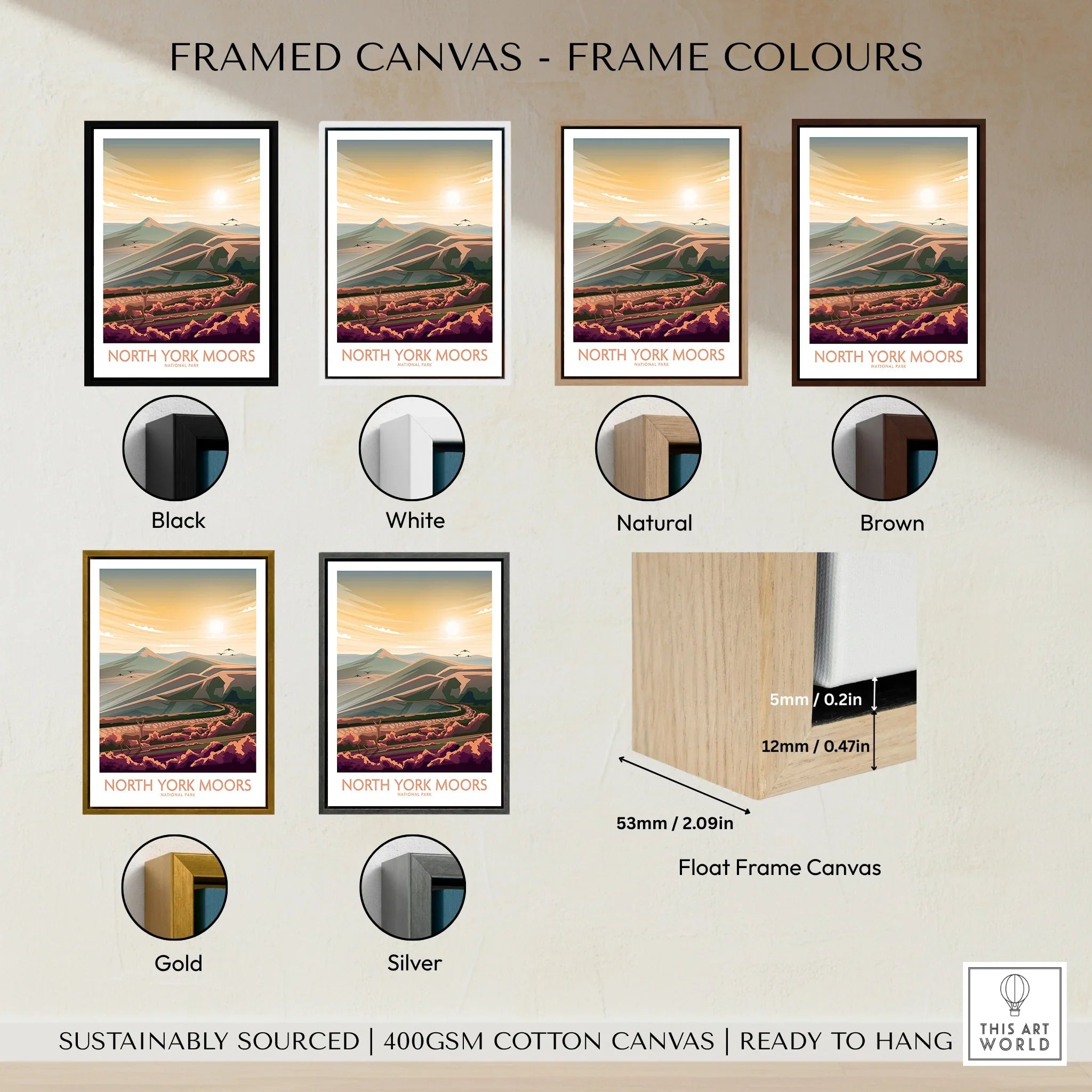 Framed North York Moors travel poster with six frame color options: black, white, natural, brown, gold, silver.