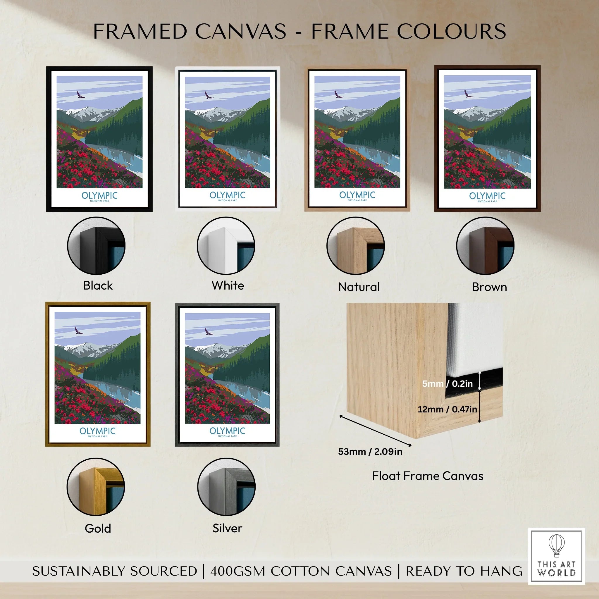Olympic National Park framed canvas wall art in black, white, natural, brown, gold, and silver float frame options