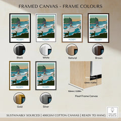 Olympic National Park art print shown with black, white, natural, brown, gold, and silver frame options.