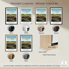 Peak District framed canvas art print in black, white, natural, brown, gold, silver float frames.
