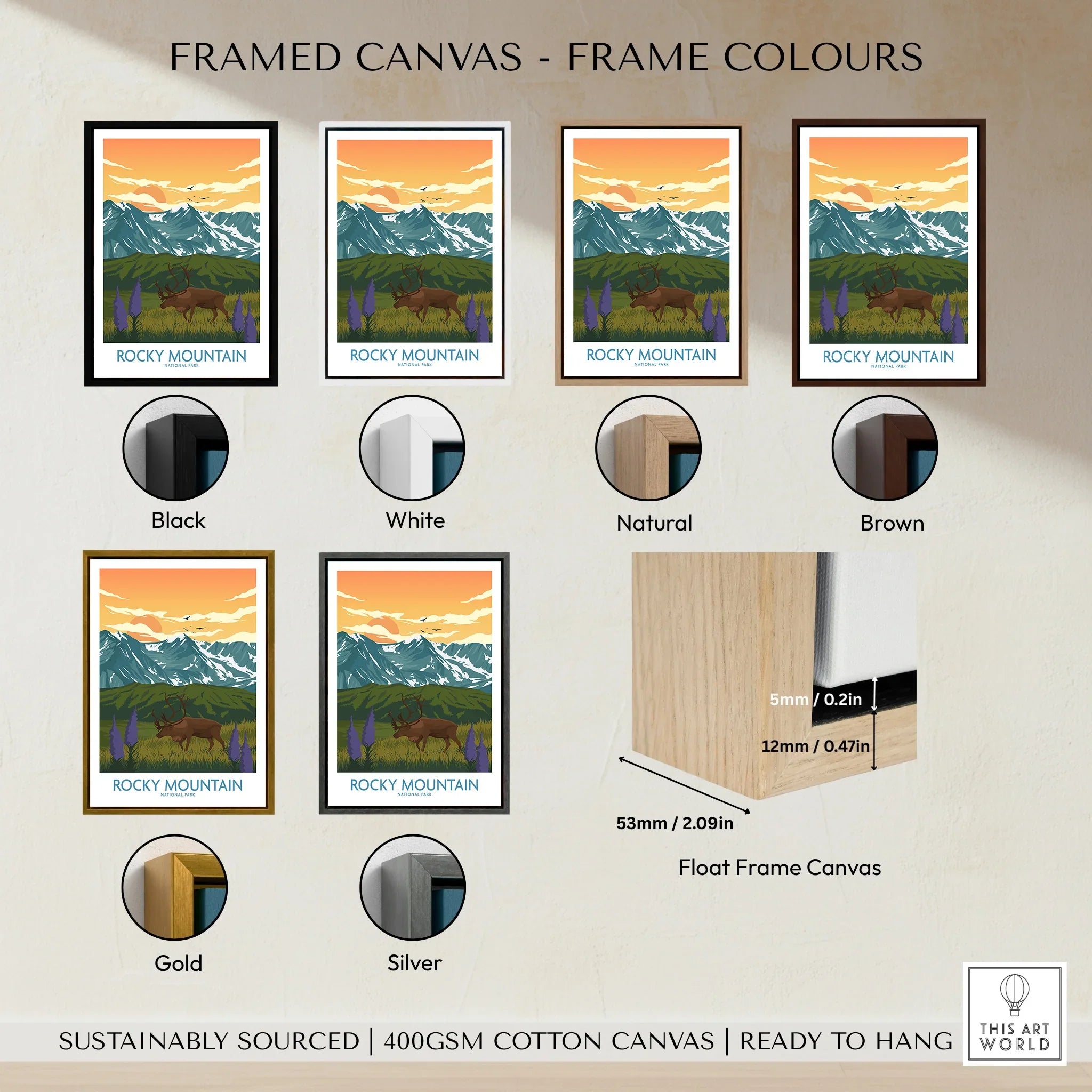 Rocky Mountain canvas art with six frame color options: black, white, natural, brown, gold, silver