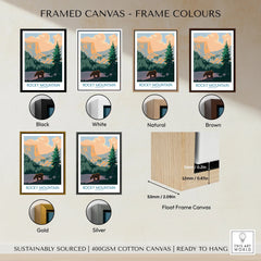 Rocky Mountain framed canvas wall art in black, white, natural, brown, gold, and silver frame color options with float frame dimensions display.