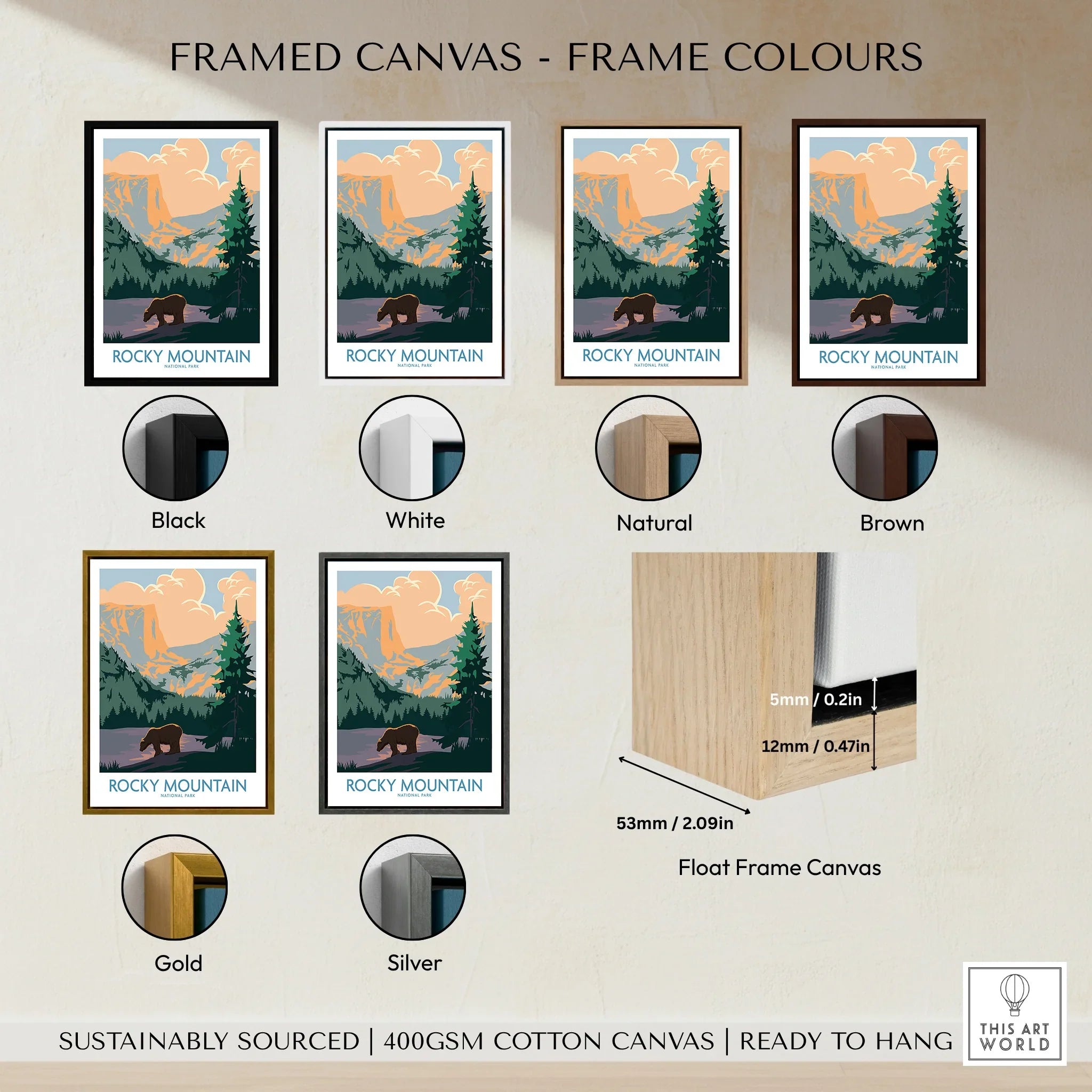 Rocky Mountain framed canvas wall art in black, white, natural, brown, gold, and silver frame color options with float frame dimensions display.
