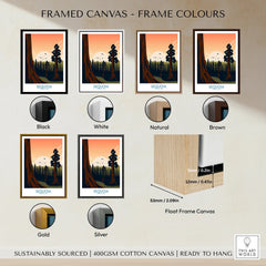 Sequoia National Park wall art in various framed canvas color options including black, white, natural, brown, gold, and silver, with float frame measurement details.