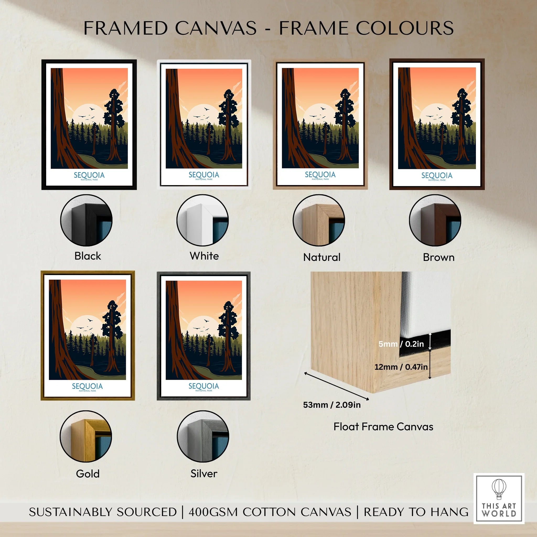 Sequoia National Park wall art in various framed canvas color options including black, white, natural, brown, gold, and silver, with float frame measurement details.