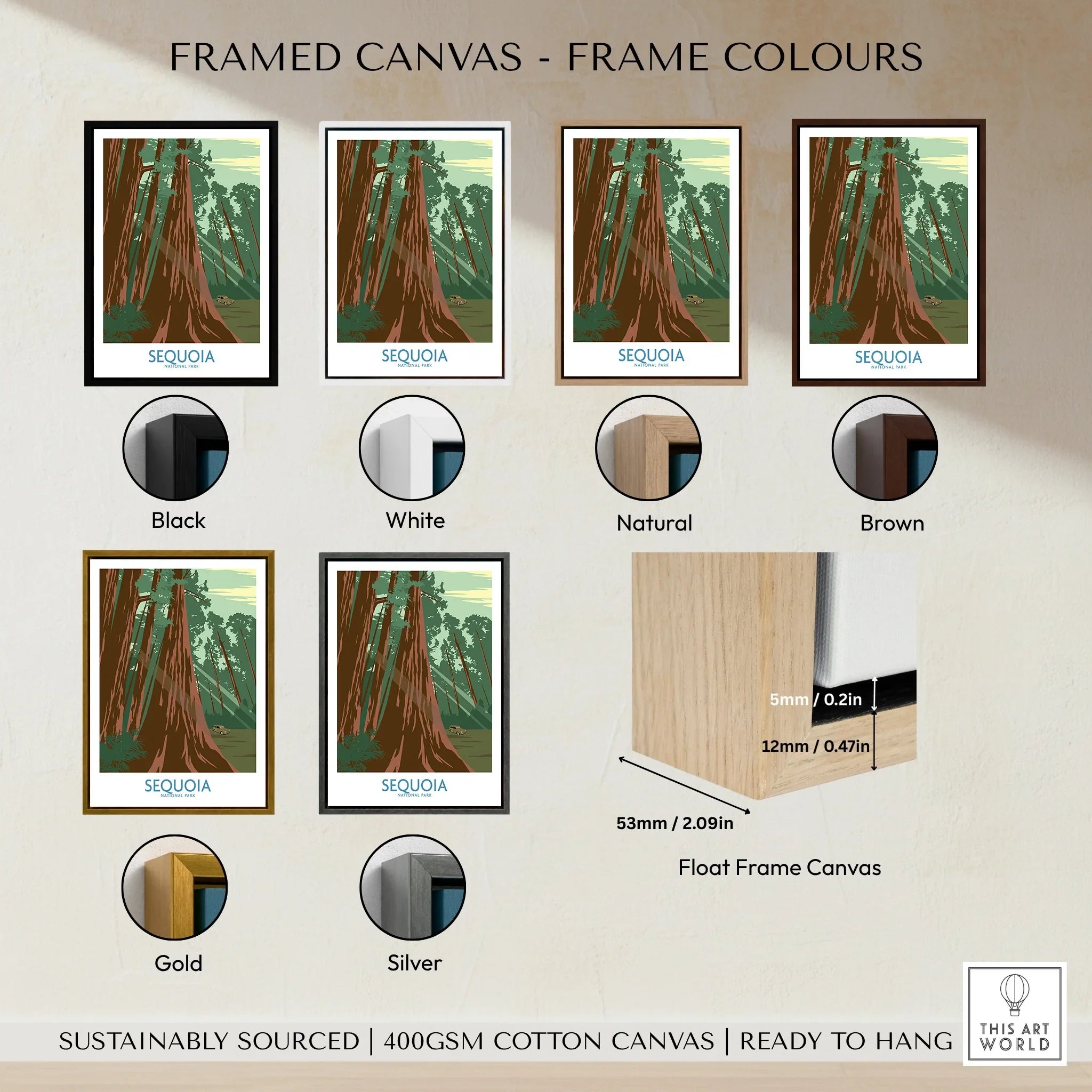 Sequoia tree wall art print in six frame color options: black, white, natural, brown, gold, silver.