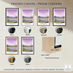 Snowdonia travel art print in seven canvas frame color options: black, white, natural, brown, gold, silver, and float frame, with mountain landscape illustration.