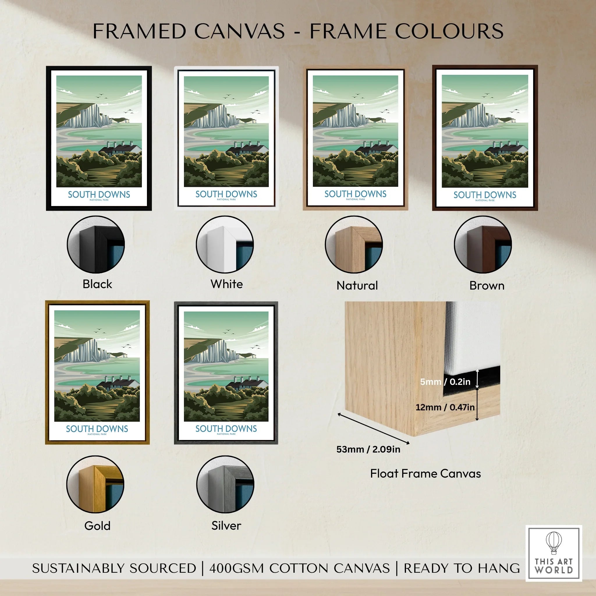 South Downs framed canvas wall art in six frame colors: black, white, natural, brown, gold, silver.