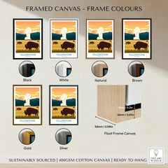 Yellowstone National Park bison landscape travel poster in black, white, natural, brown, gold, and silver framed canvas options.