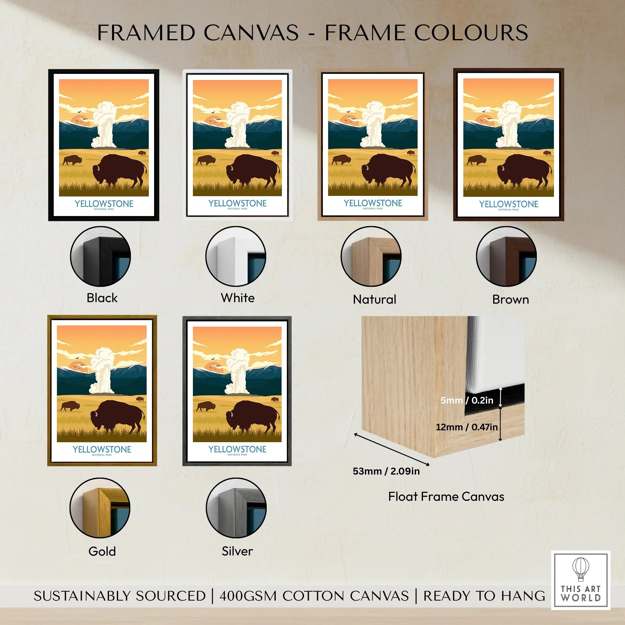 Yellowstone National Park bison landscape travel poster in black, white, natural, brown, gold, and silver framed canvas options.