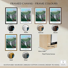 Yellowstone National Park travel poster in black, white, natural, brown, gold, and silver framed canvas options