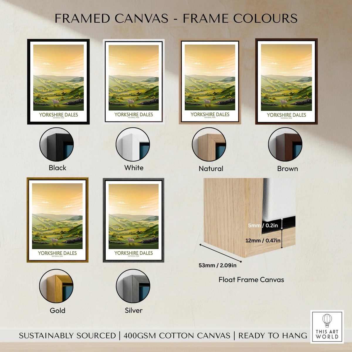 Yorkshire Dales travel poster wall art with six frame color options: black, white, natural, brown, gold, silver.