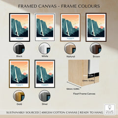Yosemite National Park framed canvas wall art in six frame color options: black, white, natural, brown, gold, silver.