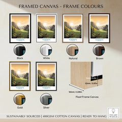 Framed Yosemite National Park canvas print with six frame color options and float frame details.