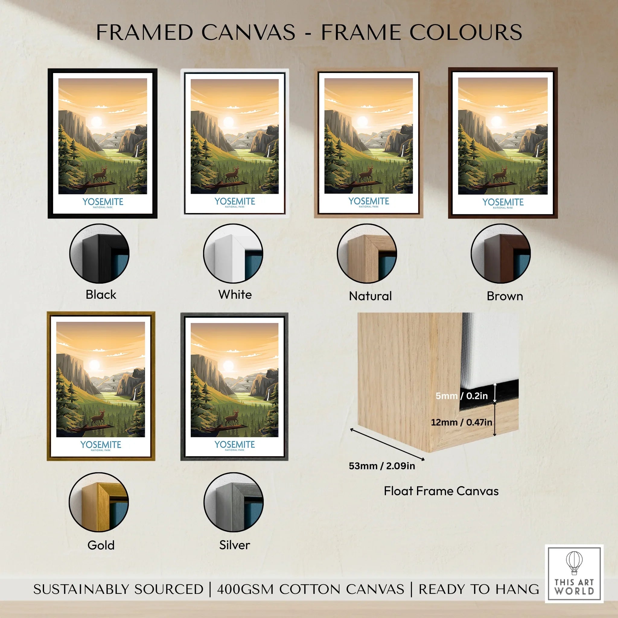 Framed Yosemite National Park canvas print with six frame color options and float frame details.