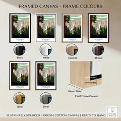 Yosemite National Park wall art print in six frame color options: black, white, natural, brown, gold, and silver, with float frame canvas details.