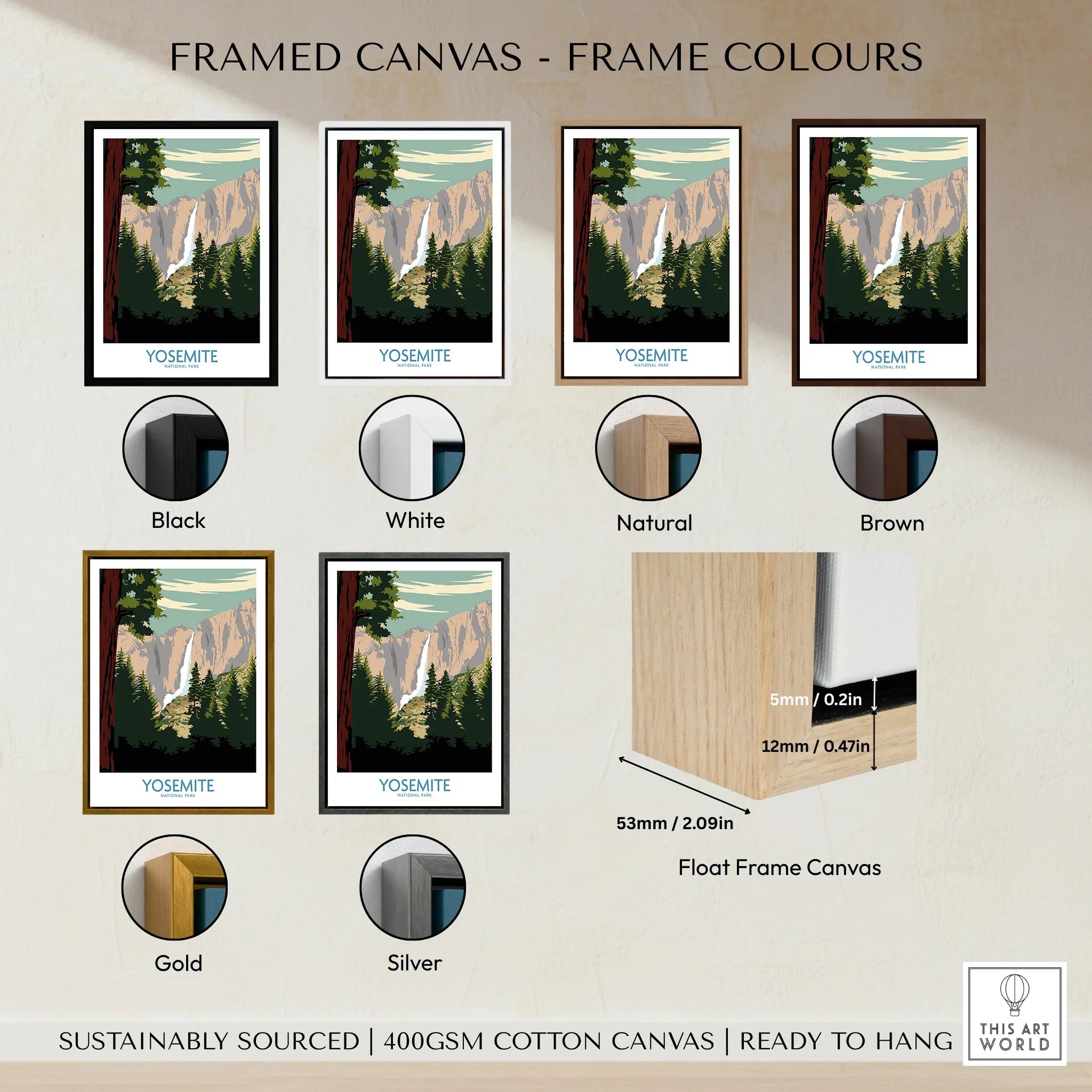 Yosemite National Park wall art print in six frame color options: black, white, natural, brown, gold, and silver, with float frame canvas details.