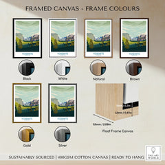 Yosemite National Park travel poster framed canvas wall art shown in black, white, natural, brown, gold, and silver frame color options.
