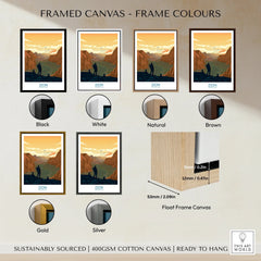 Zion National Park canvas wall art with six frame color options: black, white, natural, brown, gold, silver, and float frame detail.