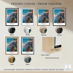 Madeira travel poster wall art in various framed canvas color options: black, white, natural, brown, gold, silver, and float frame canvas.