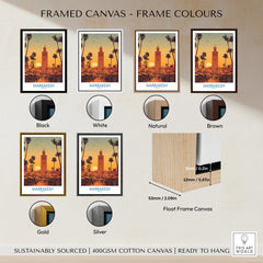Framed canvas colors for Marrakesh Morocco Posters | Historic Medina Sunset Canvas Print including black, white, natural, brown, gold, and silver.