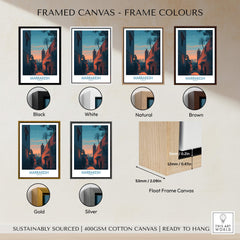 Framed canvas colors for Marrakesh Morocco Canvas Print | Cityscape Poster, including black, white, natural, brown, gold, and silver options.