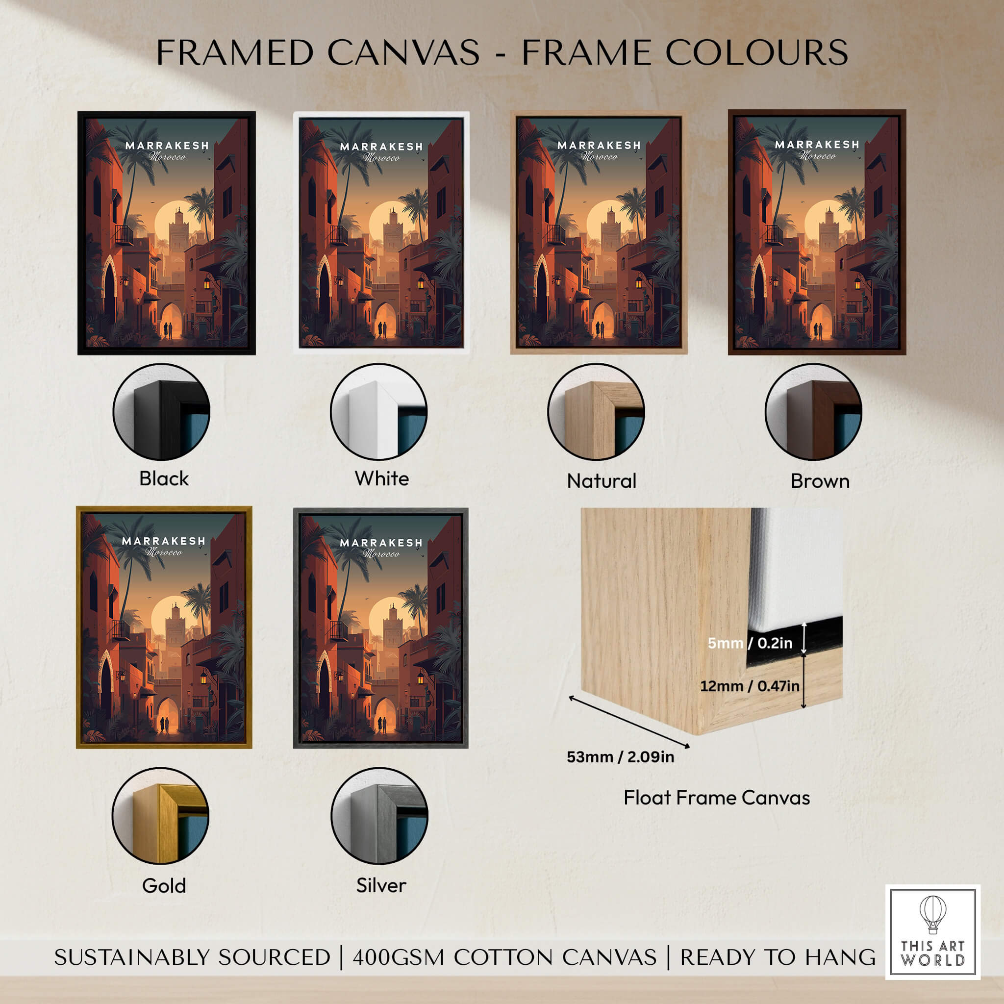 Framed canvas options for Marrakesh Morocco Wall Art Print | Sunset Medina Alleyway Travel Poster in various colors.