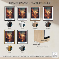 Framed canvas color options for Marrakesh Morocco Poster | Romantic Moroccan Twilight Canvas Print.