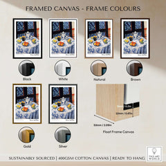 Matisse Art Prints - Still Life Blue Tablecloth Poster framed canvas color options including Black, White, Natural, Brown, Gold, Silver.