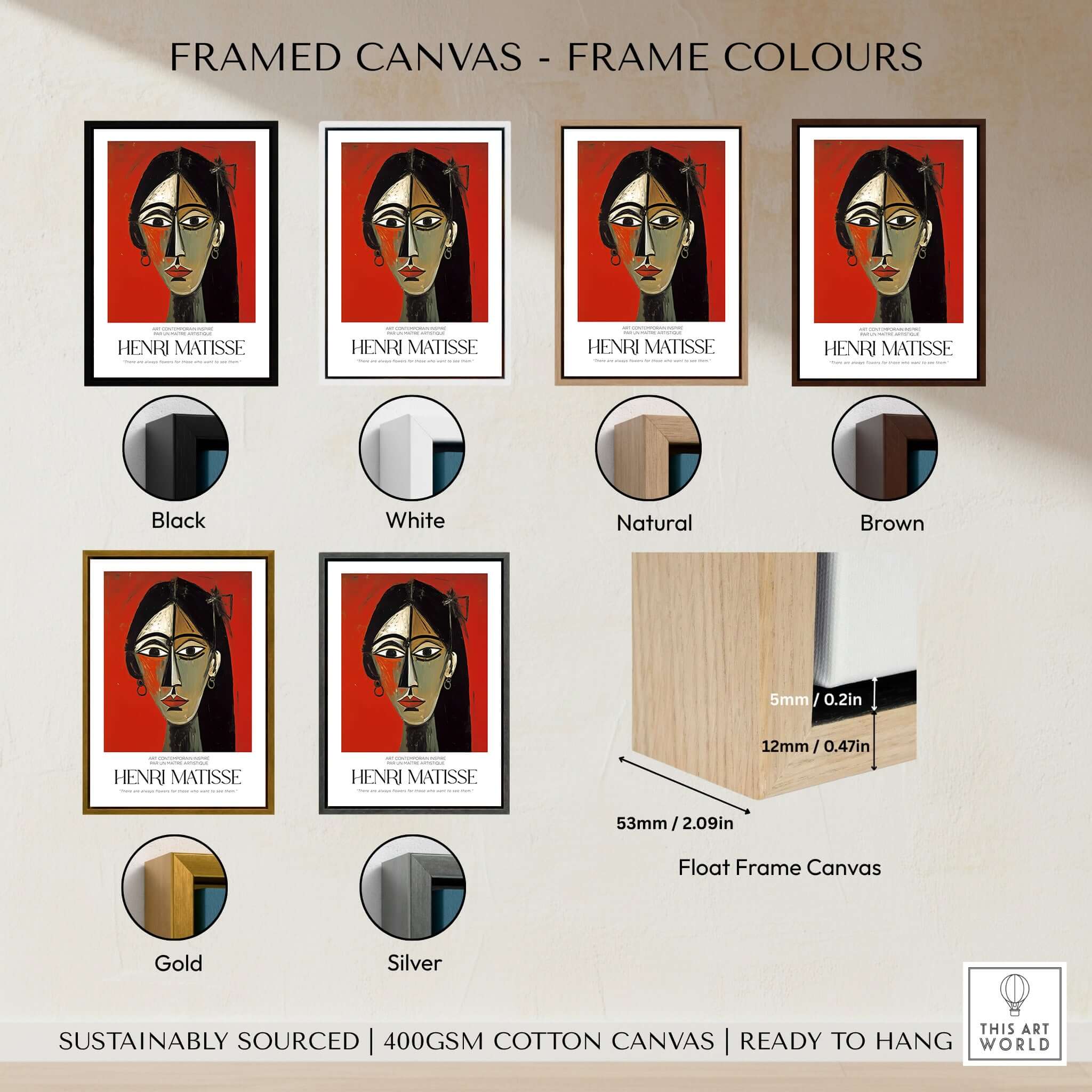 Matisse Art Prints - Stylized Woman Portrait Red Wall Art framed canvas color options including black, white, natural, brown, gold, silver.